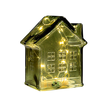 LED-Haus Glas, grün, 12,5x7,5x14cm, Batteriebetrieb mit Timer