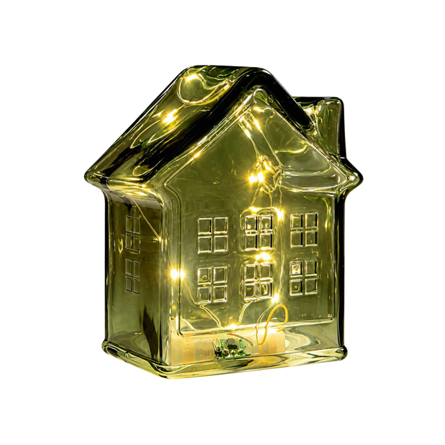 LED-Haus Glas, grün, 12,5x7,5x14cm, Batteriebetrieb mit Timer