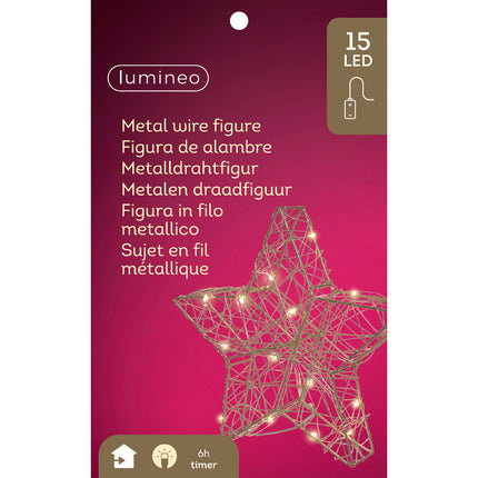 Lumineo - LED Stern Metall gold 15 LED 20cm Batteriebetrieb Timer