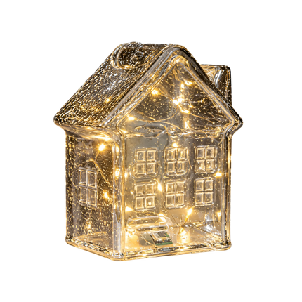 LED-Haus Glas, Silber , 12,5x7,5x14cm, Batteriebetrieb mit Timer