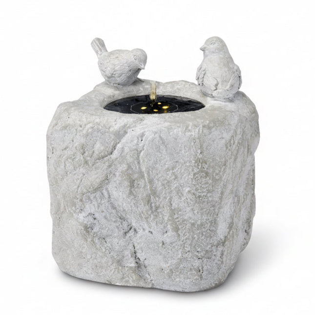 Gartenbrunnen LED Solar mit Vögeln, Deko 30x31x34cm Polyresin grau