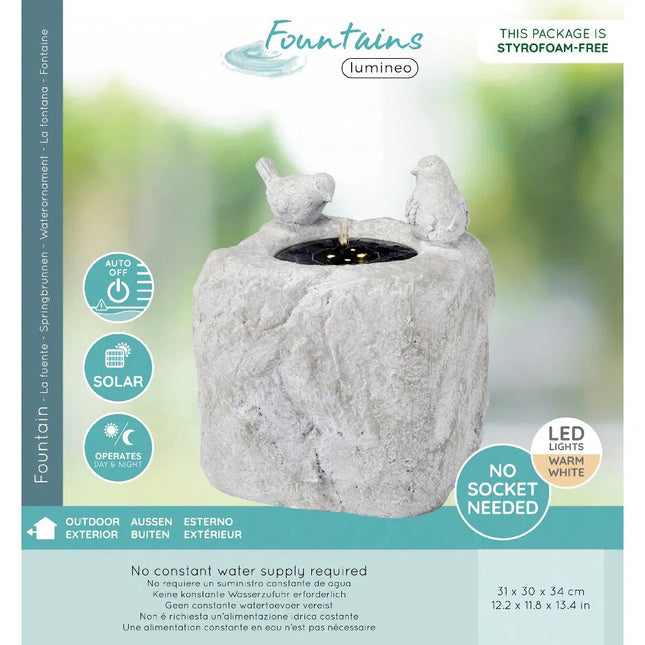 Gartenbrunnen LED Solar mit Vögeln, Deko 30x31x34cm Polyresin grau