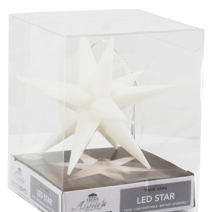 Weißer Stern in 3D mit 12cm Größe und Beleuchtung mit spitzen Zacken in transparenter Verpackungsbox