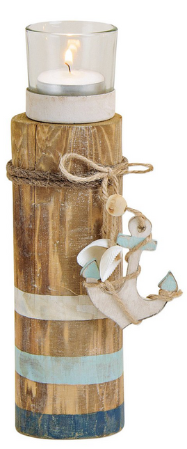 Teelichthalter Maritim weiß-blau aus Holz, Metall, Glas Braun (B/H/T) 6x20x6cm
