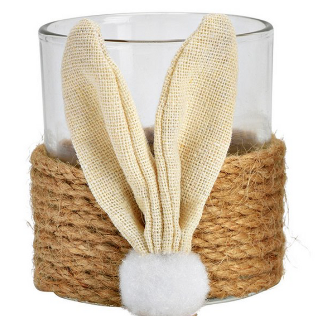 Windlicht Hase Dekor aus Glas/Jute/Textil ver. Varianten Braun/Weiß (B/H/T) 7x8x7cm