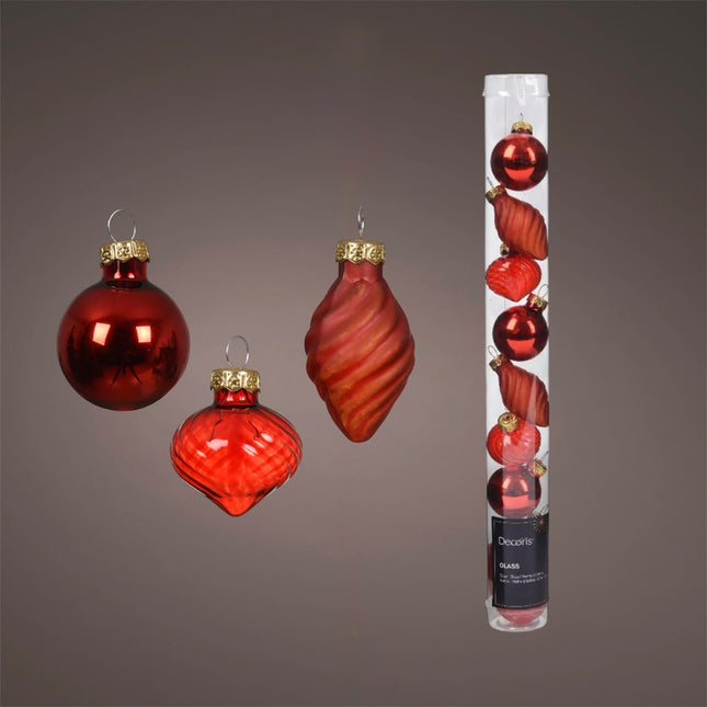 Decoris - Christbaumkugeln Ornament Glas Mix ca. 3,5cm Rot-Mix 9 Stück