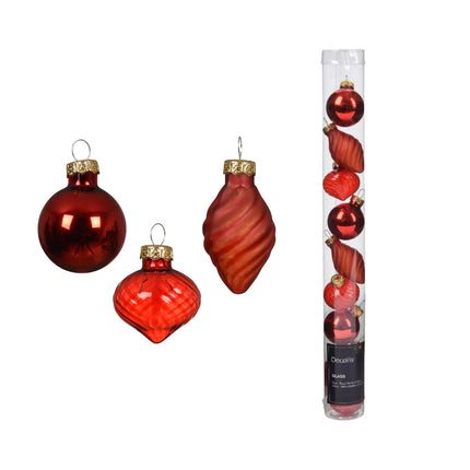 Decoris - Christbaumkugeln Ornament Glas Mix ca. 3,5cm Rot-Mix 9 Stück