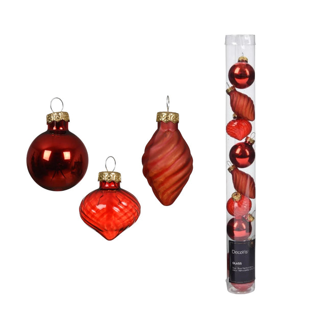 Decoris - Christbaumkugeln Ornament Glas Mix ca. 3,5cm Rot-Mix 9 Stück