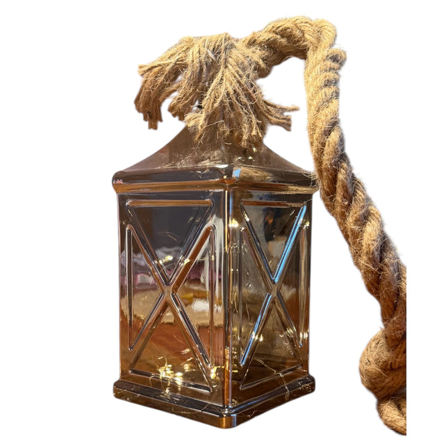 Goldbach - Großes beleuchtetes LED Haus aus Glas mit Jute-Kordel Timer & Flash-Effekt