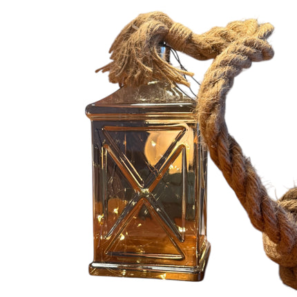 Goldbach - Großes beleuchtetes LED Haus aus Glas mit Jute-Kordel Timer & Flash-Effekt