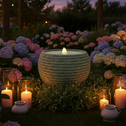 Gartenbrunnen mit LED, Steinoptik grau, 24,5x24,5x17cm Netzbetrieb