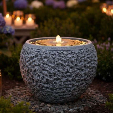 Gartenbrunnen mit LED, Steinoptik grau, 33x33x24 cm Netzbetrieb