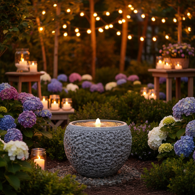 Gartenbrunnen mit LED, Steinoptik grau, 33x33x24 cm Netzbetrieb