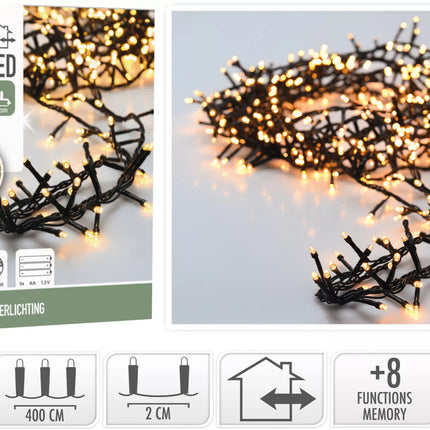 Koopman - LED Cluster Lichterkette 200 LED 4m Warmweiß Batteriebetrieb 8 Funktionen