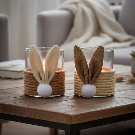 DekoSturm Easter bunny glass candle holders with jute wrap and fabric ears in brown and white.