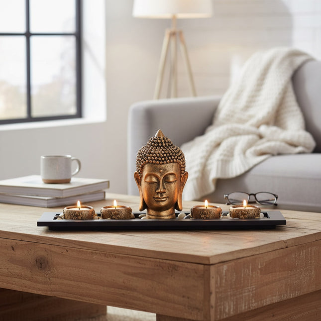 DekoSturm gold Buddha head with four tealight holders on a wooden tray with decorative stones.