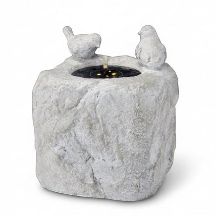 DekoSturm grey polyresin garden fountain with two birds, solar-powered with warm white LED lights.