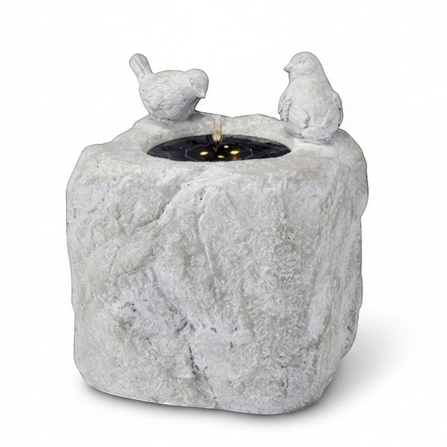 DekoSturm grey polyresin garden fountain with two birds, solar-powered with warm white LED lights.