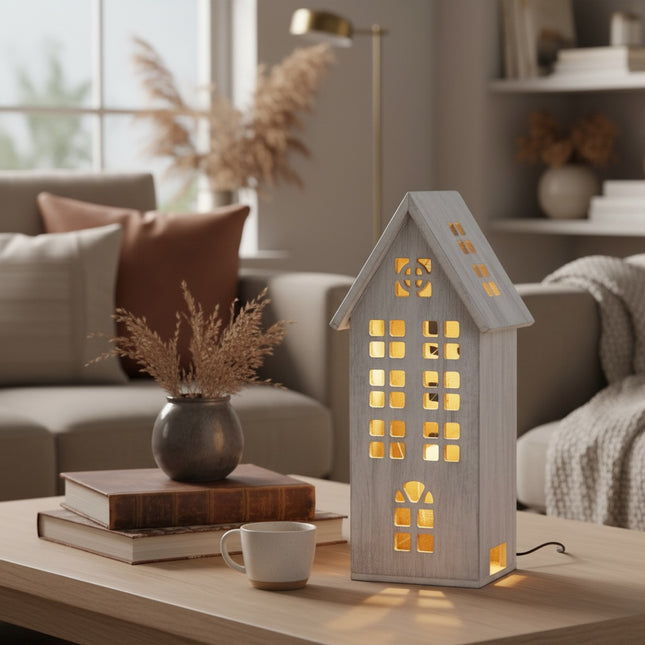 DekoSturm grey wooden house lantern with illuminated windows, 14x31x12cm, for indoor use.