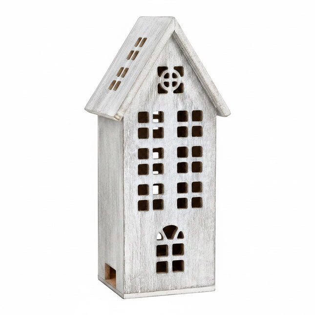 DekoSturm grey wooden house lantern with illuminated windows, 14x31x12cm
