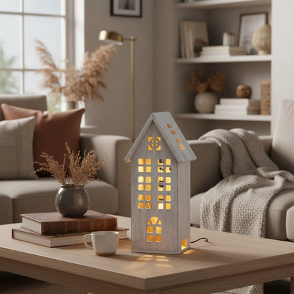 DekoSturm grey wooden house lantern with illuminated windows, 14x31x12cm