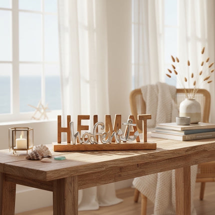 DekoSturm wooden sign with silver metal lettering 'Heimathafen' and anchor detail, 38x12x7cm.