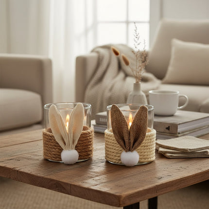DekoSturm glass votive candle holders with jute rope wrap and fabric bunny ears, one in natural jute, one in brown jute.