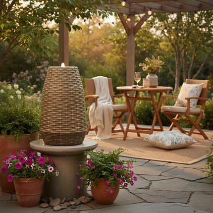 DekoSturm Lumineo LED garden fountain with a wicker texture and warm white lighting, suitable for outdoor use.