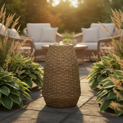 DekoSturm Lumineo LED garden fountain with a wicker-look finish and warm white lighting, suitable for outdoor use.