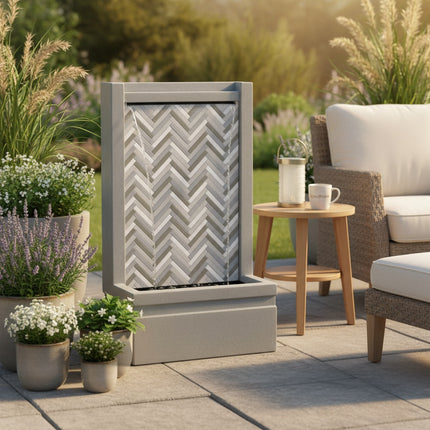 DekoSturm Lumineo Waterfall garden fountain made of grey concrete with a mosaic tile waterfall feature, 95cm tall.