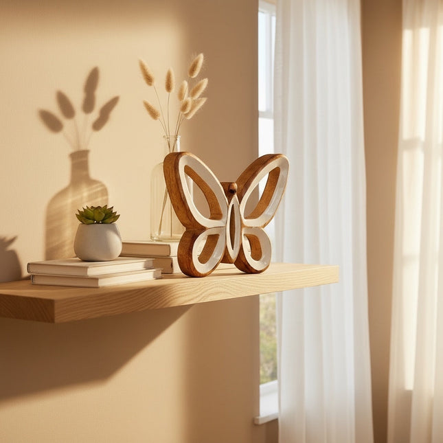 DekoSturm natural mango wood butterfly decoration with white inlay, 15x13x2cm, on a shelf with books and a plant.