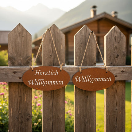 DekoSturm oval metal welcome sign with rusty finish, 20x10cm, for garden or home.
