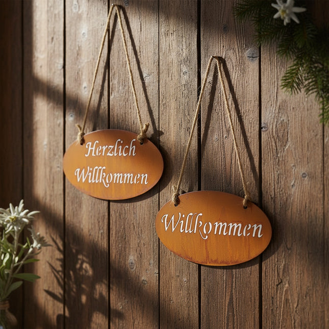 DekoSturm oval metal welcome sign with rusty finish, 20x10cm, for garden or home.