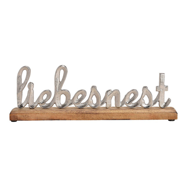 Aufsteller Schrifzug "Liebesnest" aus Metall/Mangoholz, Silber/Braun 40x14x5cm