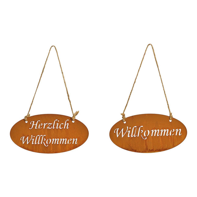 Hänger "Herzlich Willkommen" rostiges Finish aus Metall, ver. Varianten Braun (B/H) 20x10cm