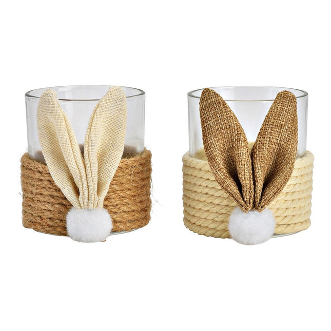 Windlicht Hase Dekor aus Glas/Jute/Textil ver. Varianten Braun/Weiß (B/H/T) 7x8x7cm