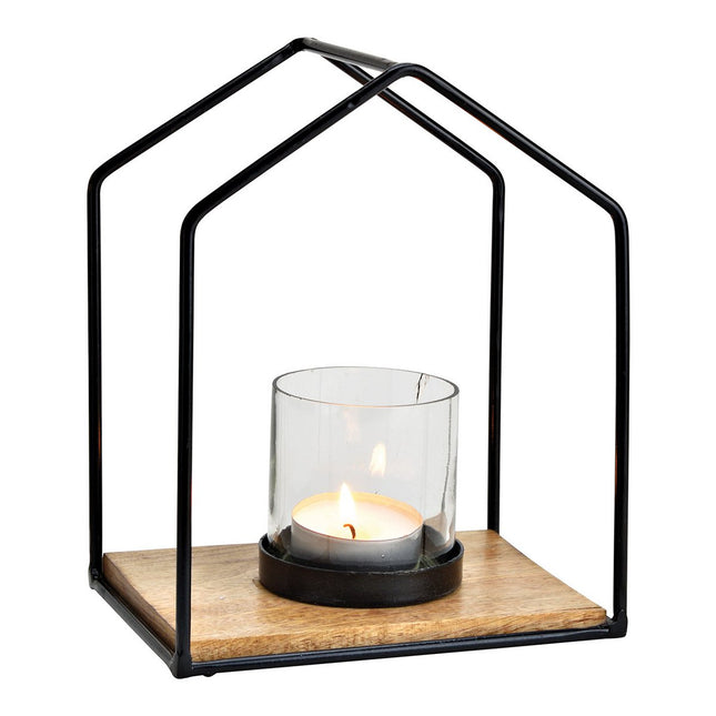 Windlicht Haus aus Metall, Glas, Mangoholz (B/H/T) 20x25x15cm