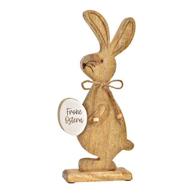 Aufsteller Hase mit Osterei "Frohe Ostern" aus Mangoholz, Braun/Weiß (B/H/T) 14x32x5cm