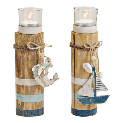 Teelichthalter Maritim weiß-blau aus Holz, Metall, Glas Braun (B/H/T) 6x20x6cm