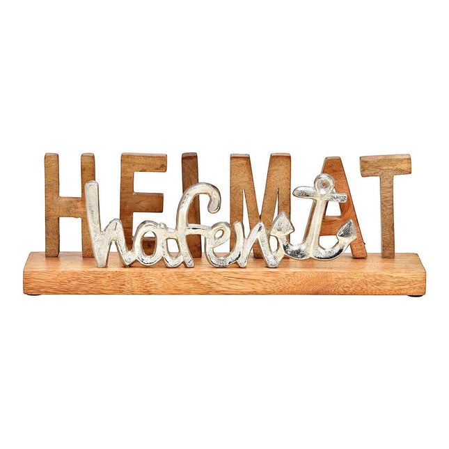 Schriftzug, Heimathafen, auf Mangoholz Sockel, aus Metall Silber (B/H/T) 38x12x7cm