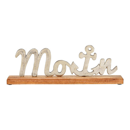 Aufsteller Schriftzug "Moin" Maritim Dekor auf Sockel aus Mangoholz/Metall, Silber/Braun (B/H/T) 40x13x5cm