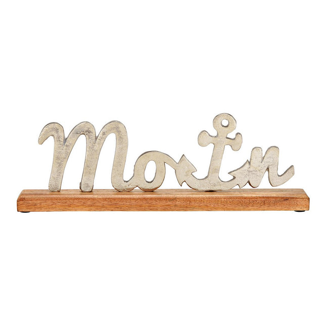 Aufsteller Schriftzug "Moin" Maritim Dekor auf Sockel aus Mangoholz/Metall, Silber/Braun (B/H/T) 40x13x5cm